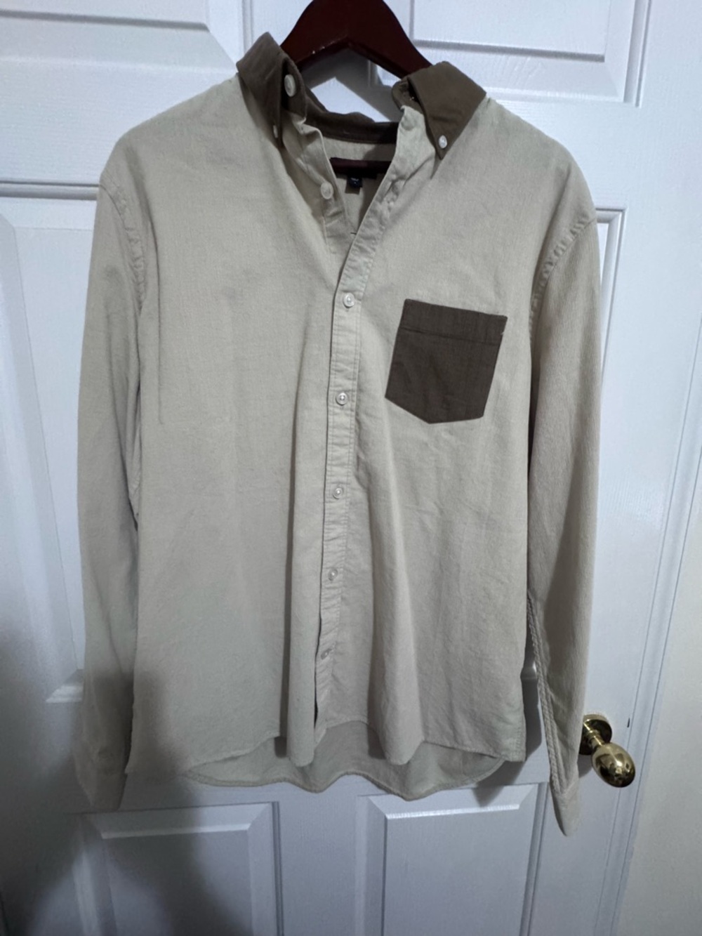 Express Men's Beige Button-Down Shirt with Dark Brown Pocket & Collar